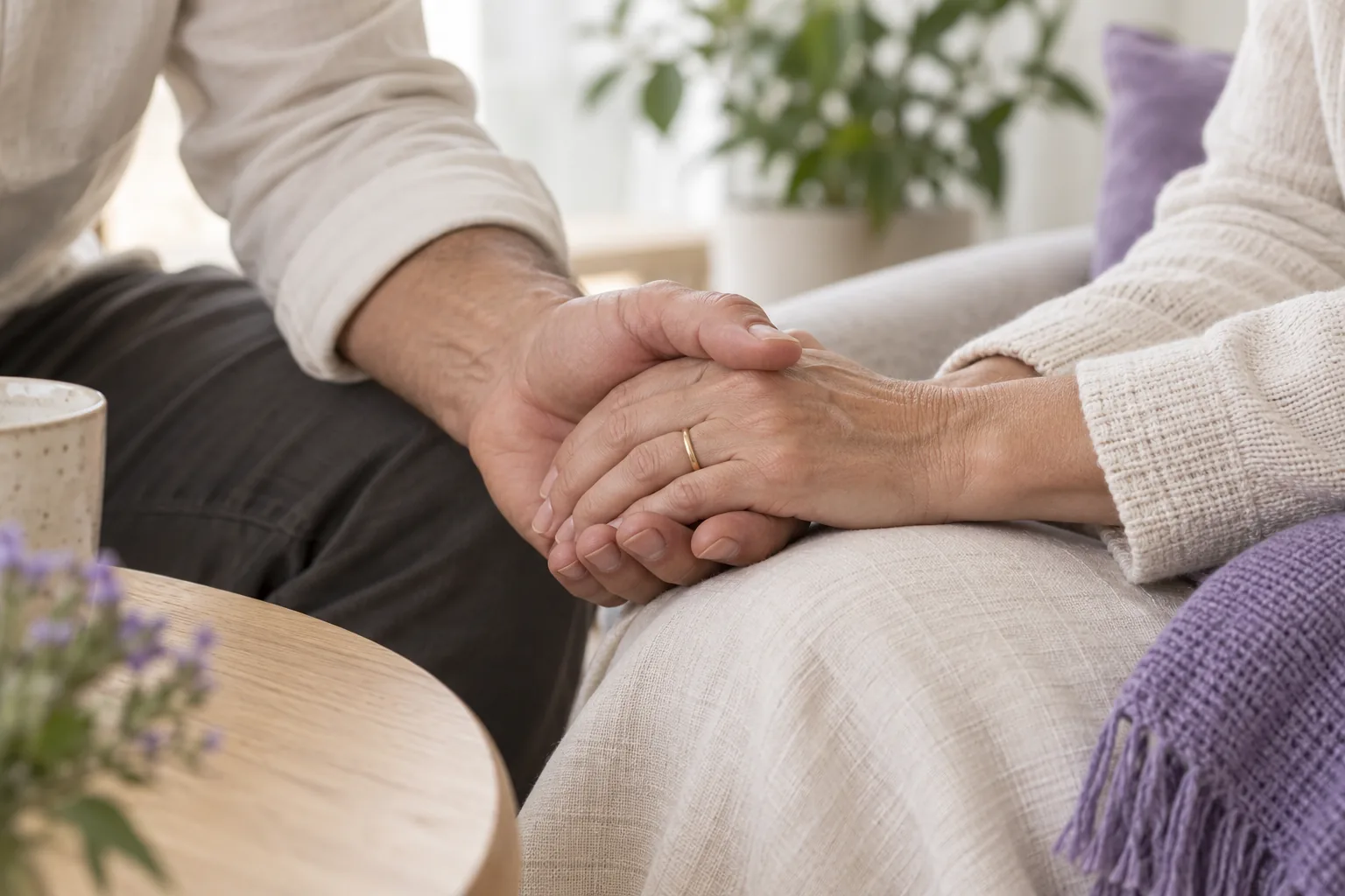 One hand gently holding another person’s hand