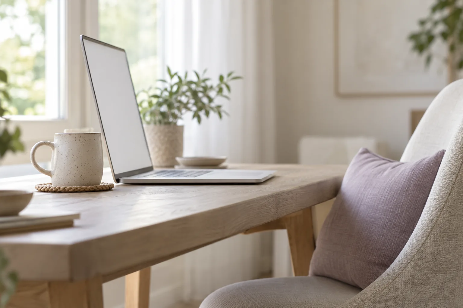A laptop and a mug on a table by a window, set up for an online session
